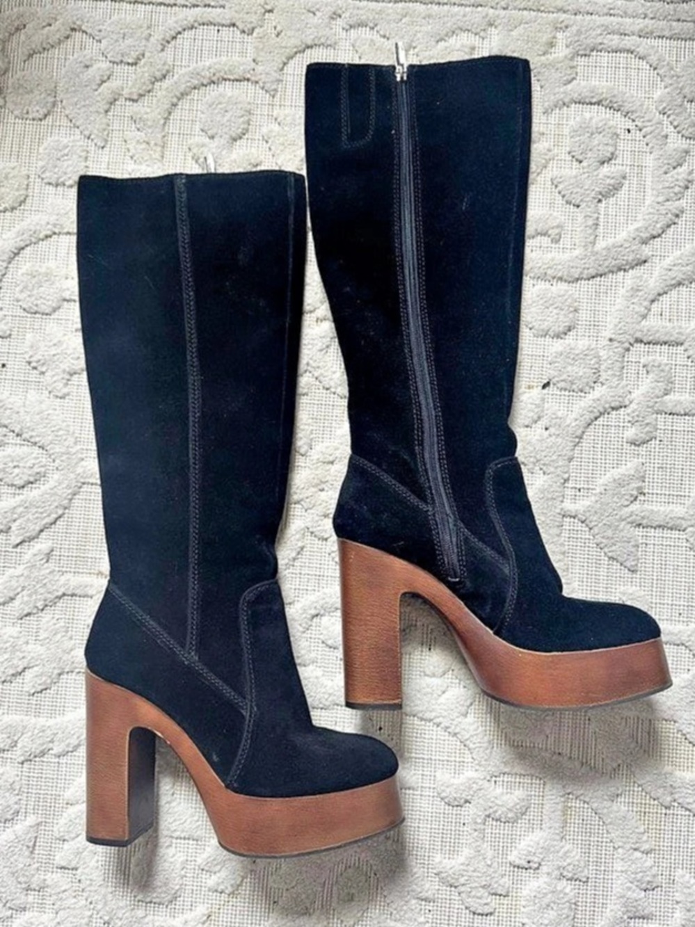 Vince Camuto Illishal Black Suede Knee-High Platform Boots with Brown Heel